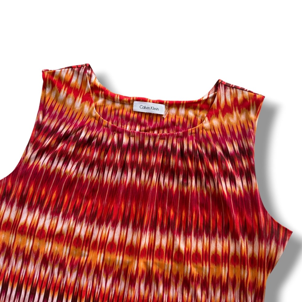 Calvin Klein Womens L Red Orange Ikat Print Pleated Scoop Neck Sleeveless Blouse